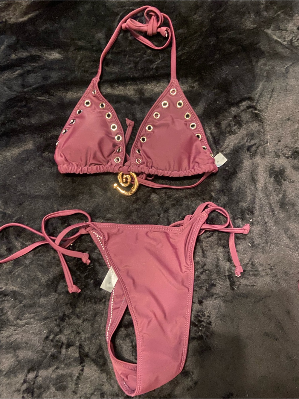 Grommet Detail Triangle Bikini Set in Plum